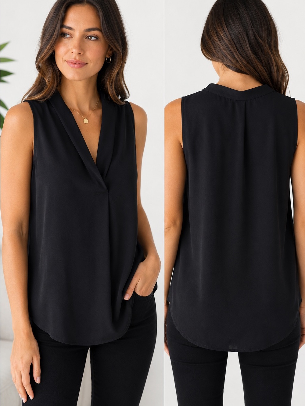 Vince Camuto Black Sleeveless Blouse Medium Draped V Neck Career Top